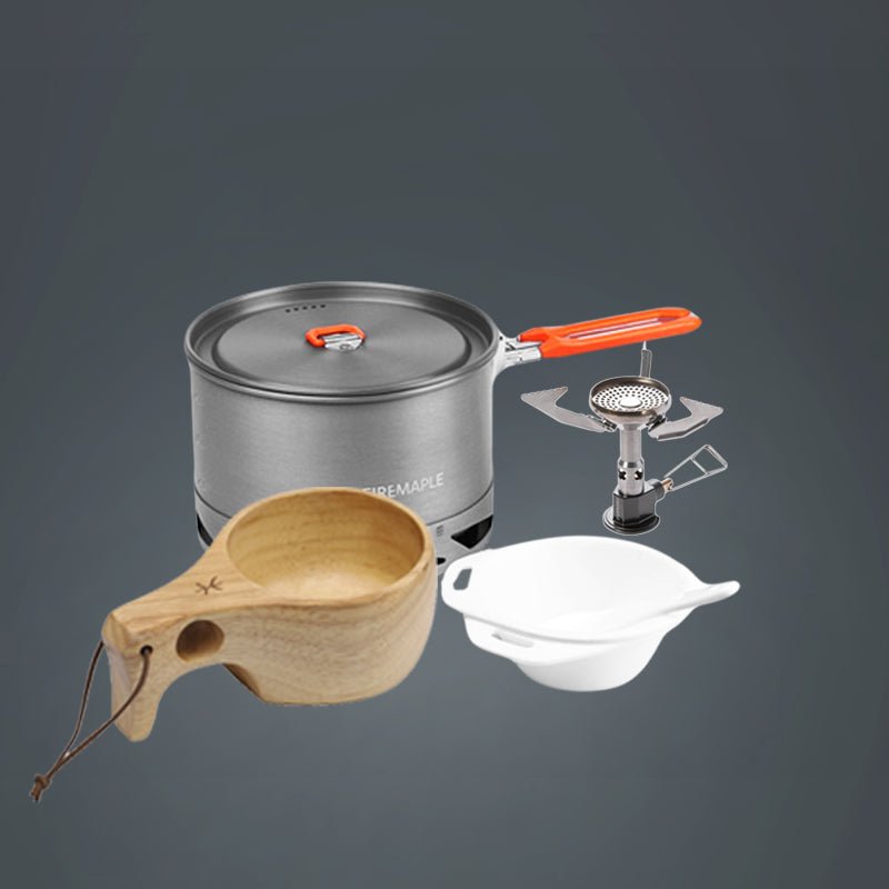 POLARIS PRESSURE-REGULATOR GAS STOVE&FEAST K2 ALUMINUM COOKWARE WITH HEAT-EXCHANGER&ANCEST BUSHCRAFT WOODEN CUP - Fire Maple