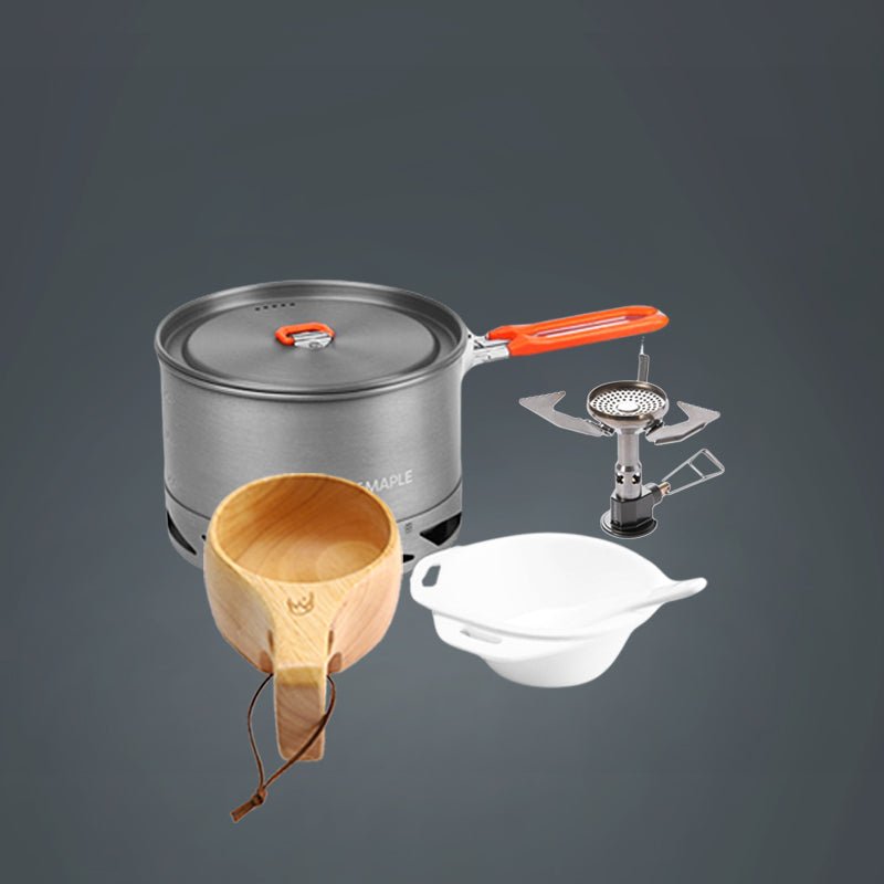 POLARIS PRESSURE-REGULATOR GAS STOVE&FEAST K2 ALUMINUM COOKWARE WITH HEAT-EXCHANGER&ANCEST BUSHCRAFT WOODEN CUP - Fire Maple